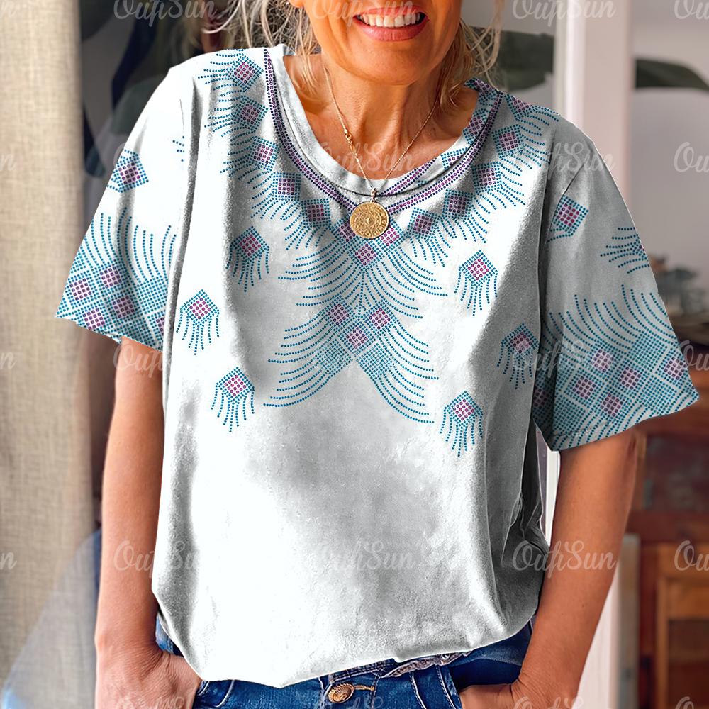 Retro Women's T Shirt Ethnic Pattern Print Summer Short Sleeve Oversized Clothing Street Casual O Neck Pullover Female T-Shirts