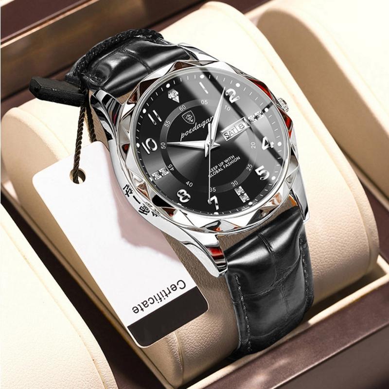 2024 Neue Trendmode Luxus-Herrenuhr Leuchtende wasserdichte Dual-Kalender-Ultradünne diamantverzierte Leder-Herrenuhr mit Automatikwerk