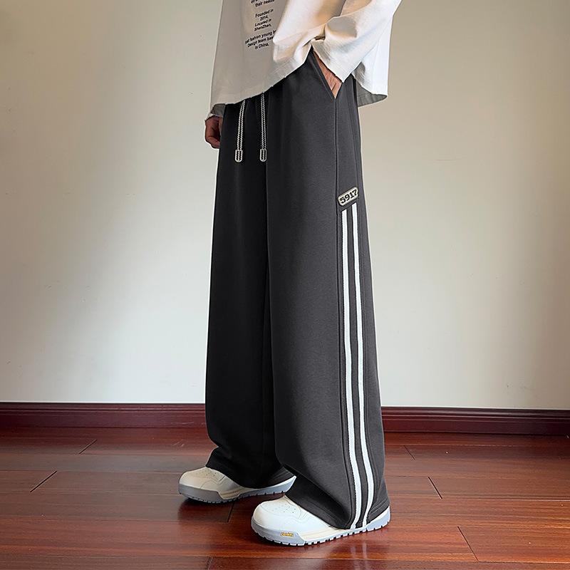 American striped contrasting cotton sweatpants men's autumn new Hong Kong style loose straight casual trousers