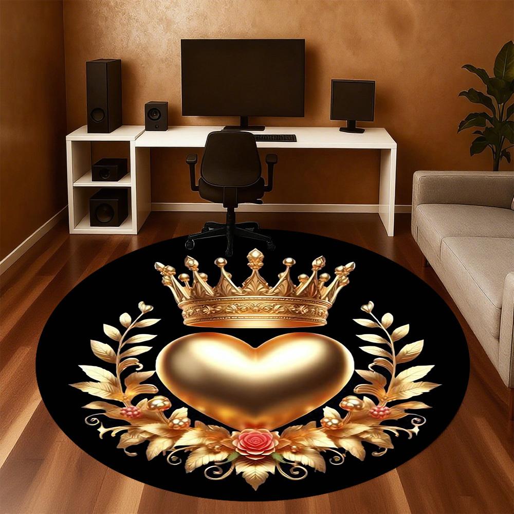 1pc Heart Crown Round Chair Mat Area Rug - Non-Slip, Floor Mat for Office, Bedroom, and Indoor Decor -1002208