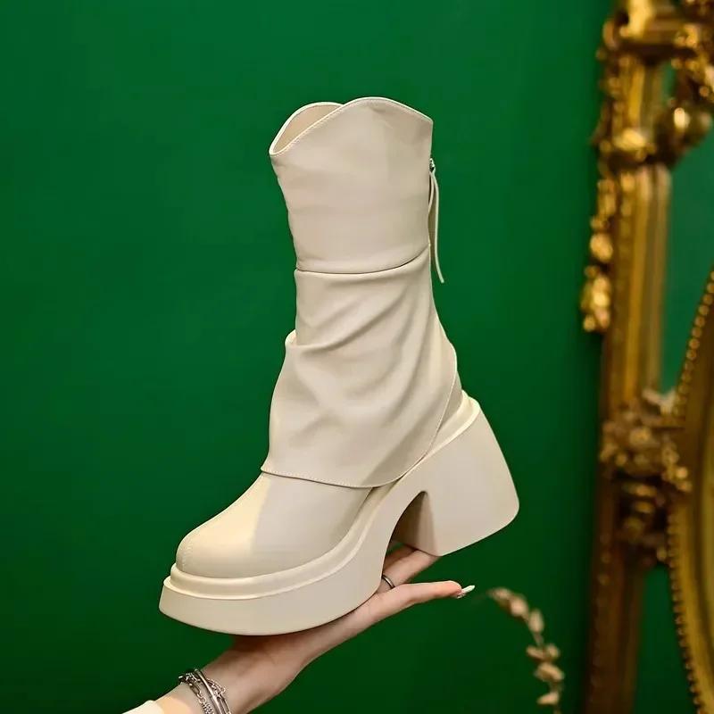 Fashion Fashion Round Toe Thick Sole All-match Ankle Boots Women's Chunky Heels Platform Comfortable Short Boots Increase Shoes 2024