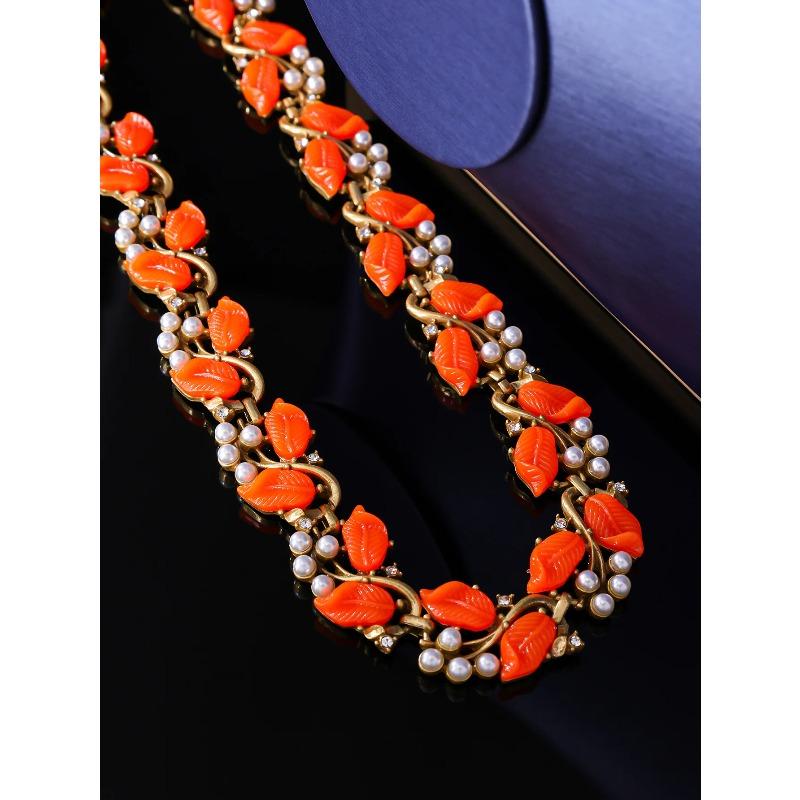 KEQIU Retro Style Leaf Design Elegant Pearl Design Bracelet Earrings Necklace High-end Vintage Jewelry Set