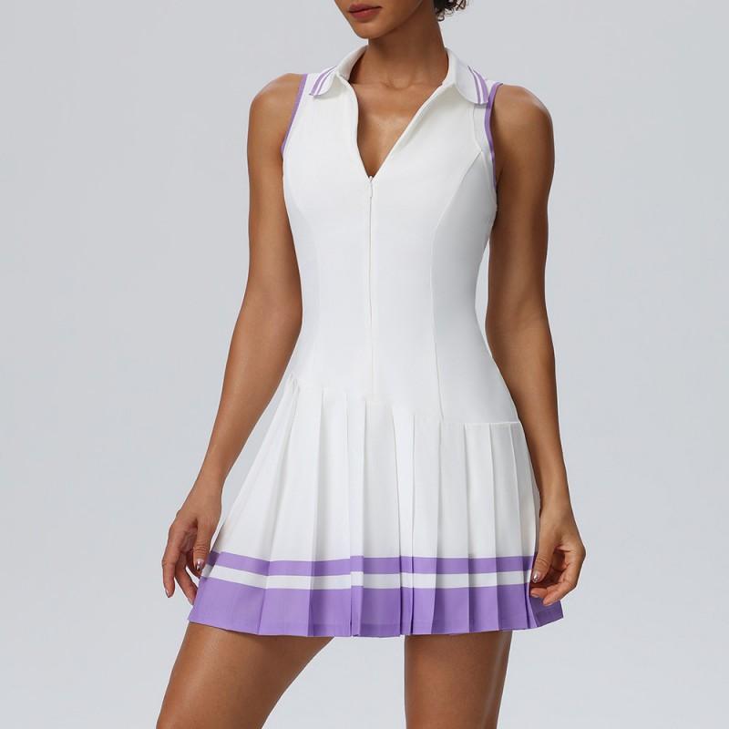 Womens Color-Block Collar Tennis Dress With Built-in Bra Pad Quick-Dry Sporty Skirt Gym Running Yoga Outdoor Activities