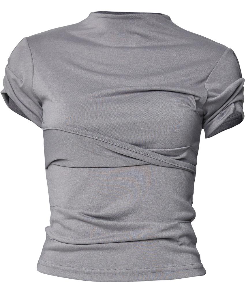 Peulleeoeob Asymmetrical Draped Mock Neck T-Shirt (Fl-126_Gray)
