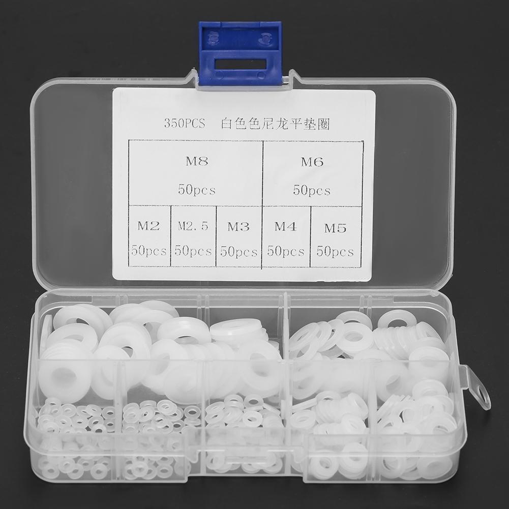 350pcs White Nylon Plastic Washer Flat Gasket Ring Kit M2 M2.5 M3 M4 M5 M6 M8