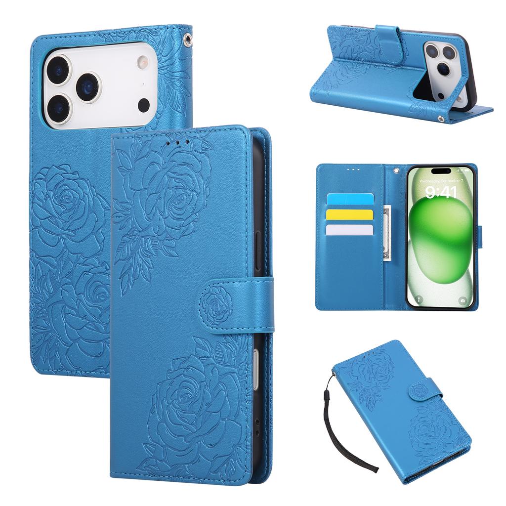 For iPhone 17 Pro Case Rose Flower PU Leather Wallet Phone Cover with 3 Card Slots/Wrist Strap