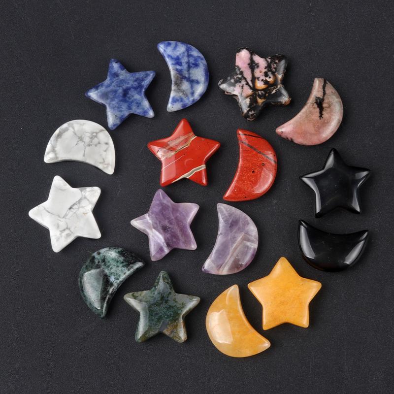 2 ks/sada Mini hvězda Měsíční kameny Crystal Worry Stone Ornament Dekorativní, přírodní kamenné kameny pro čarodějnické řemeslo DIY Meditace Reiki Balancing Decor