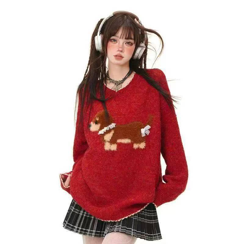 

Autumn 2025 Cute Puppy Embroidered Round Neck Sweater - Trendy Fashion Knitwear One Size красный