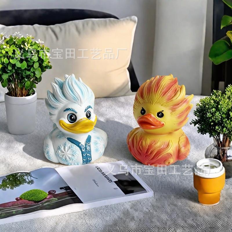 Creative Ice and Fire Collision Resin Cute Duck Resin Statue Small Ornament Home and Party Ornament