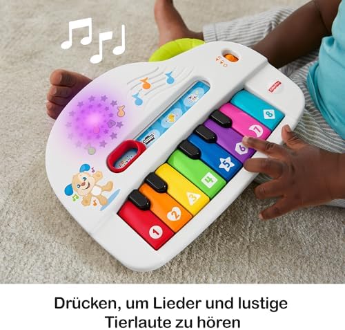 FISHER-PRICE Tastiera del Primo Bambino - Giocattolo Pianoforte Portatile con 4 Modalità di Gioco, Canzoni, Luci e Suoni, Giocattolo per l'Apprendimento della Lingua Tedesca per Neonati dai 6 Mesi in su