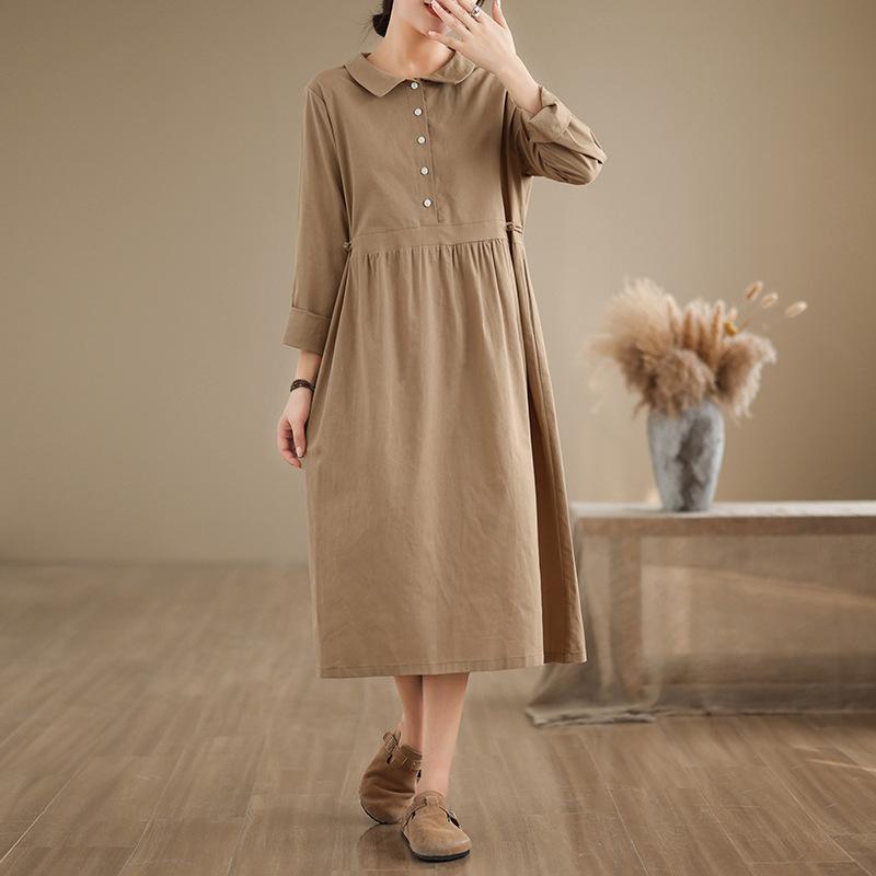 2025 new 6-color 4-size linen dress women's pullover long-sleeved medium and long solid color cotton and linen dress