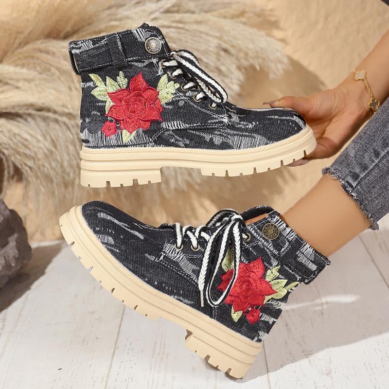 Fashion Women's Chunky Single Boots New Fall Round Head Denim Embroidered Front Lace-up Thick Sole Non-slip Ankle Boots