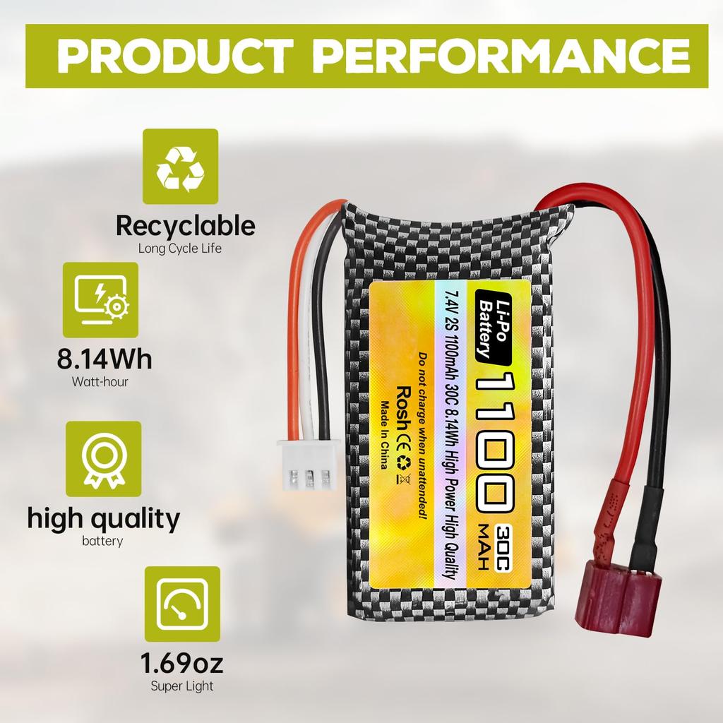 2PCS 7.4V 1100mAh 2S LiPo Battery with Band T-Plug and USB Charging Cable for Haiboxing 18858, 18859, 18859A, 16890A, and XLH Q903, HM163 RC Remote