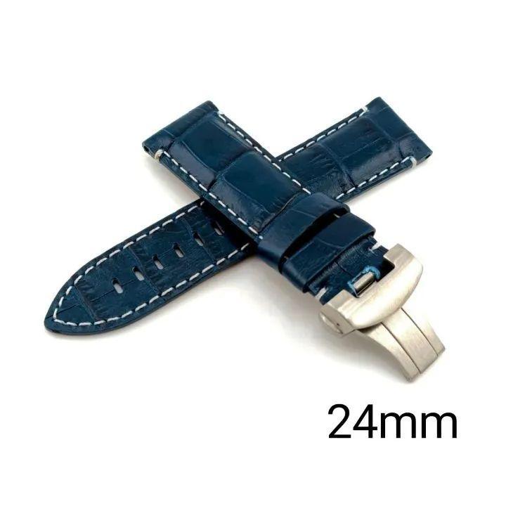 Used 24mm watch Italian calf leather leather strap navy blue/white navy blue/white with D buckle [Compatible with] Panerai etc. PANERAI