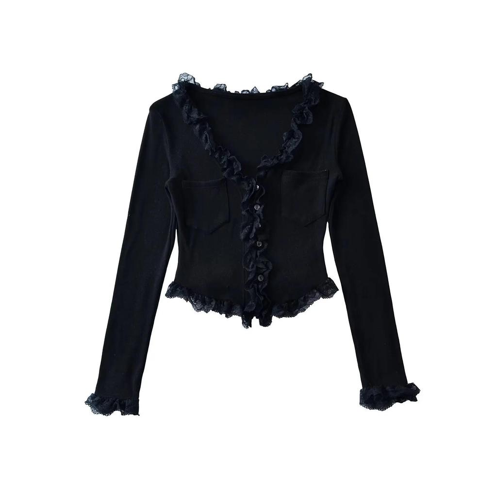 Sweet Lace Trim Patchwork V-Neck Women's Long Sleeve Slim Fit T-Shirt for Spring 2025