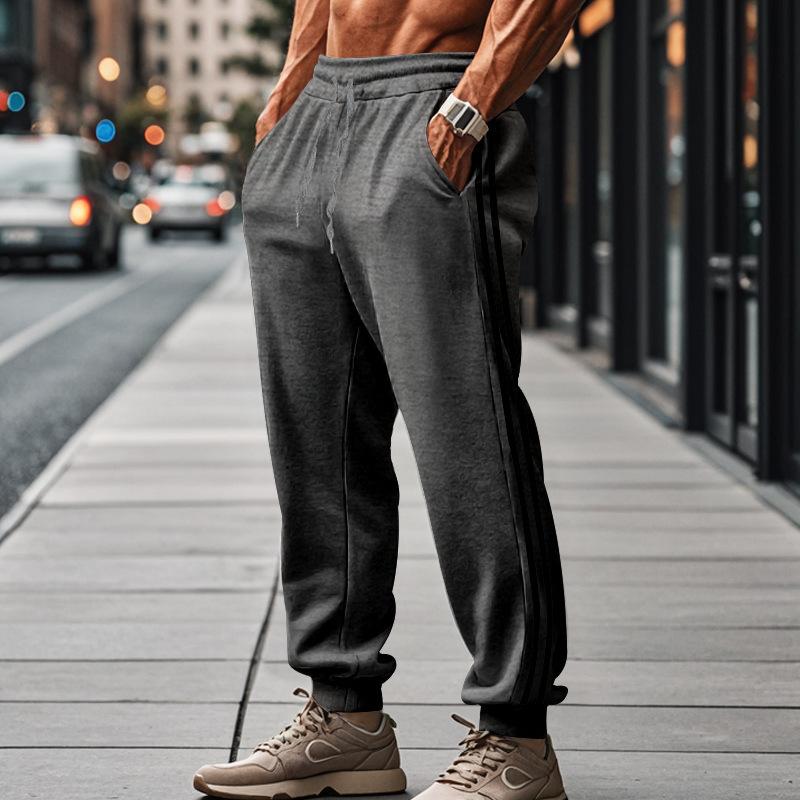 Men s Casual Pants 2 Stripes Sweatpants Casual Versatile Loose Drawstring Pants S темно-серого