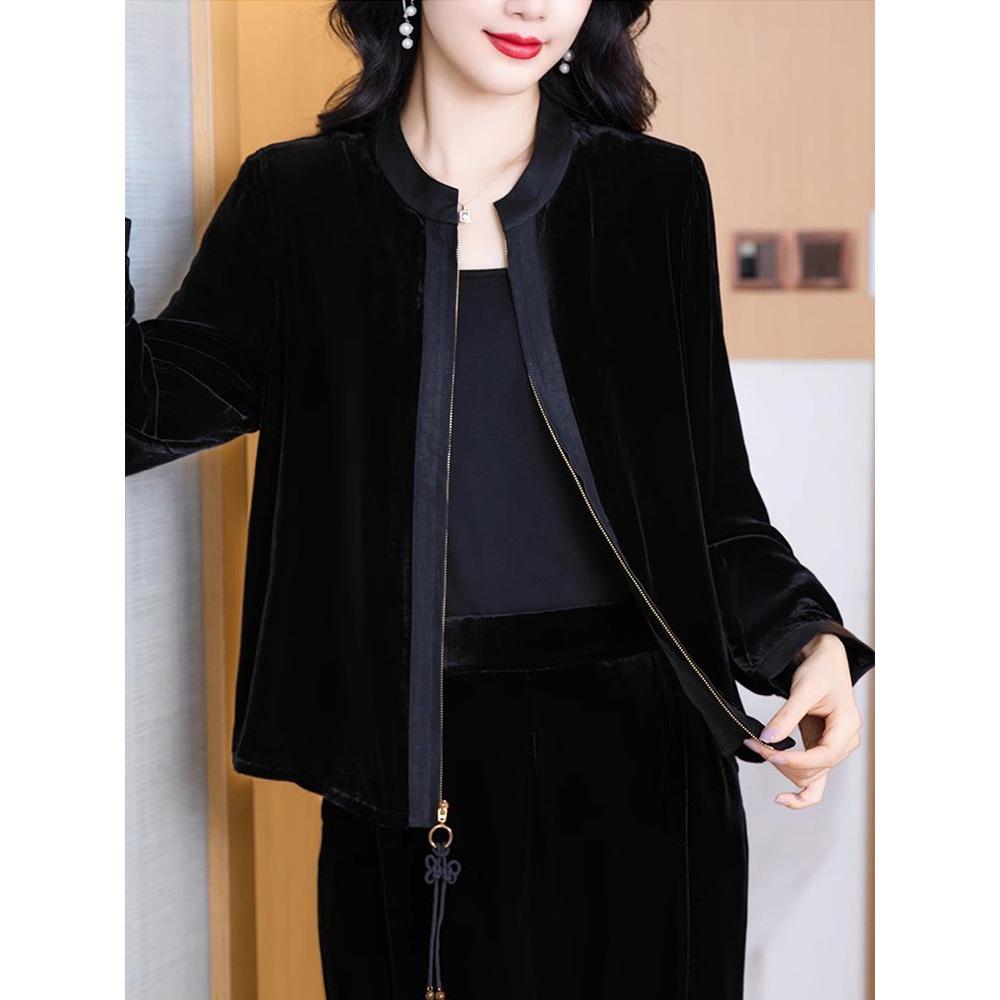 2025 Autumn/Winter Retro Gold Velvet Cardigan Jacket for Women: Stylish National Round Neck Short Top