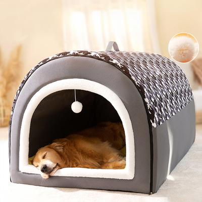 Gray Colorful All-over Printed Curved House Kennel Large Golden Retriever Semi-enclosed Large Space Kennel Dog Bed Pet Supplies