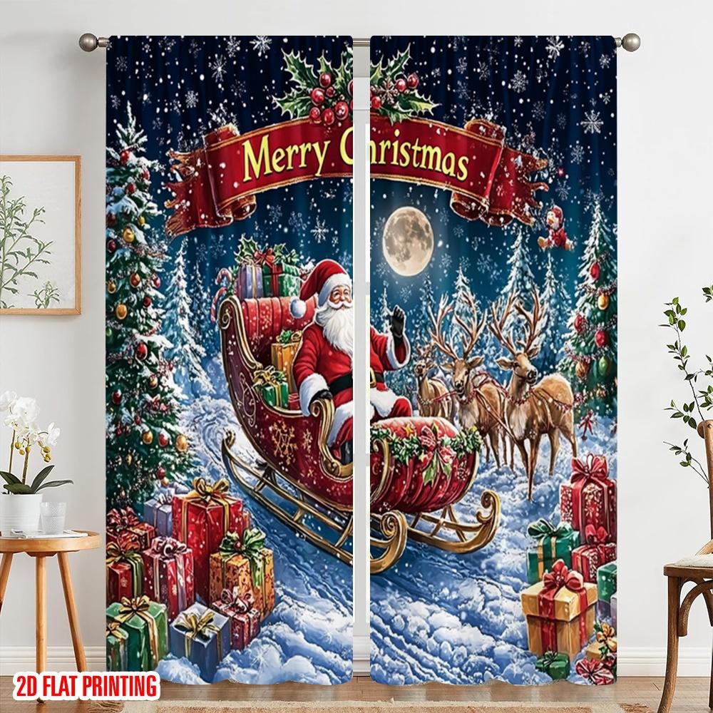 2pcs,2D Plane Printing Popular Curtain Panels Santa Claus Reindeer Sleigh Polyester (without Rod) Versatile All Perfect for