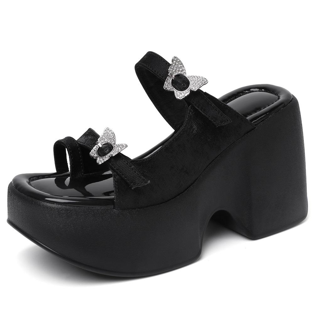 Summer France Style Outside Slim 10 CM High Heels Platform Peep Toe ButterFly Decoration Genuine Leather Women Rome Slippers