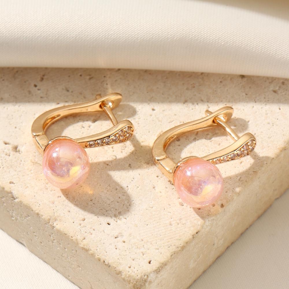 Golden Plated Pink Imitation Pearls Ball Huggie Hoop Earrings for Women Jewelry Wedding Party Accessories золотой
