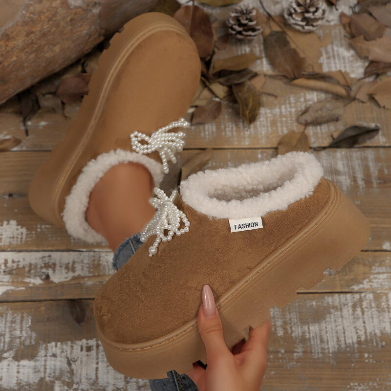 Fashion Chunky Platform Wedge Heel Furry Outdoor Slippers Women 2025 Winter Thick Bottom Plush Mules Slippers Sweet Pearl Bowknot Slides