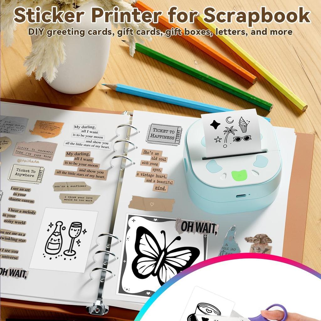 Bluetooth Portable Mini Thermal Printer No Ink For DIY Stickers Labels Receipts Work Plans For IOS Android Devices Includes 3 Rolls Adhesive Paper