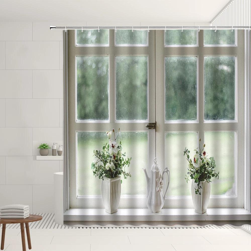 Set Tende da Doccia Finestra Retrò Foresta Autunnale Cascata Strada Vintage Fiore Pianta Architettura Moderna Paesaggio Schermi per Bagno