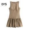 Women Summer Dress Sleeveless Bow Decor Pleated A-line Solid Color Mini Dress Back Zipper Closure O Neck Vest Dress for Dating Party