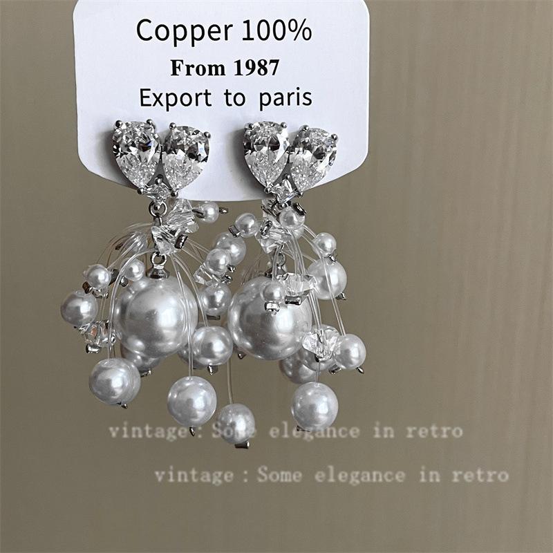 Trendy Zircon Heart Tassel Pearl Earrings for Women Elegant Luxury Ear Jewelry