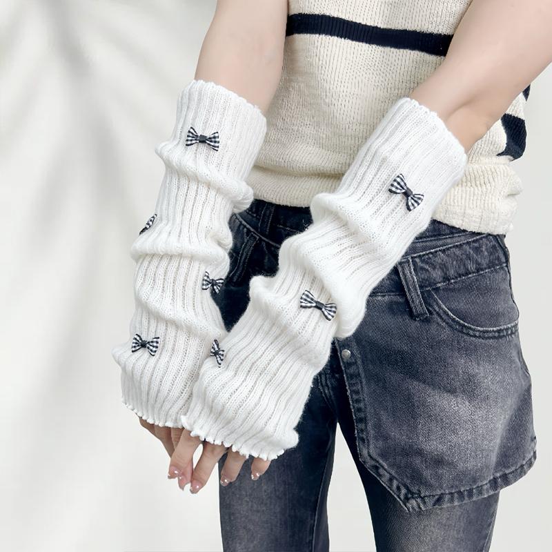 Sweet Cute Fur Bowknot Fingerless Gloves Girl Cosplay Sleeves Arm Sleeves Wool Knitted Sleeves