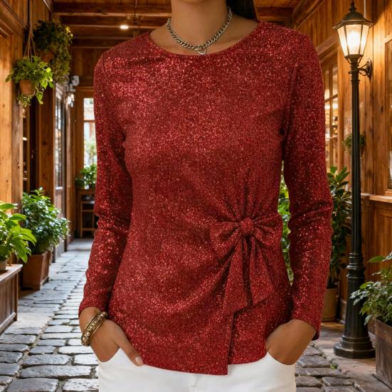 Dame Topper Rund Hals Langermet Glitrende Paljetter Pullover Topper med Skinnende Sløyfeaksenter Hverdagsklær
