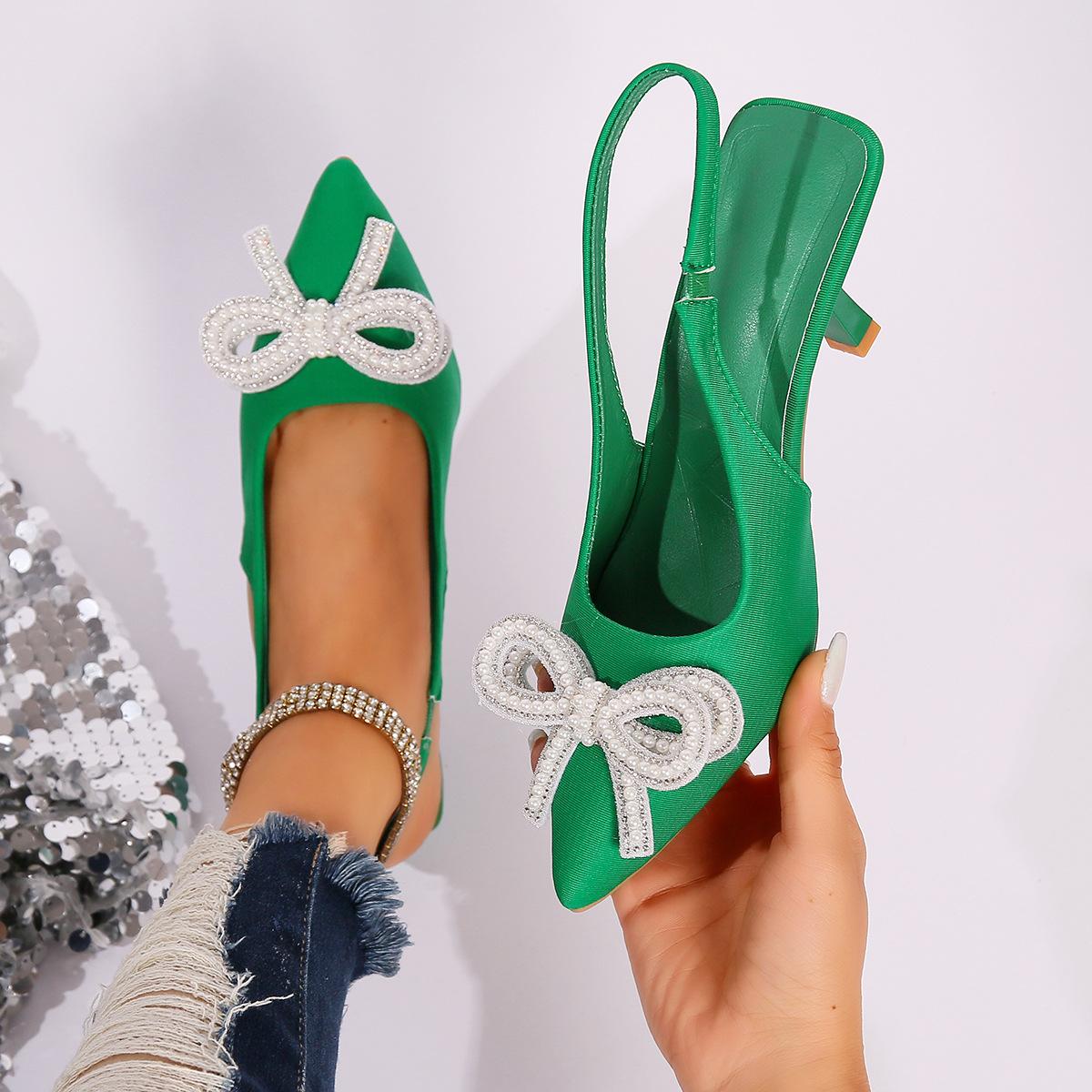 

Остроносые туфли-стилетто на высоком каблуке, бант на носке, открытая пятка, сандалии на высоком каблуке, женские каблуки 43 зелёный