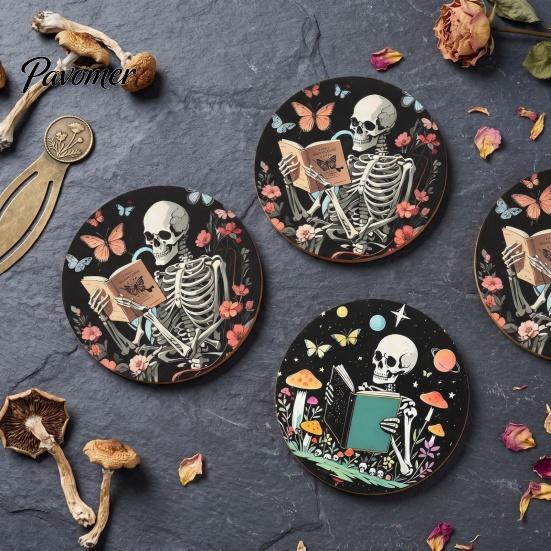 Vintage Style Coasters 6PCS Skull Pattern Wooden Coasters, Heat Insulation Moisture Absorption Drink Absorbent Retro Decorative Mats for Home