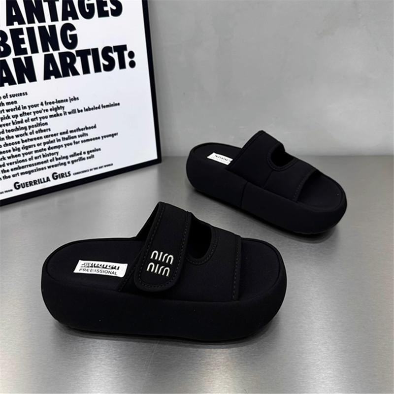 

Summer new Velcro thick-soled muffin one-word sandals women wear one-pedal heightening casual beach shoes 40