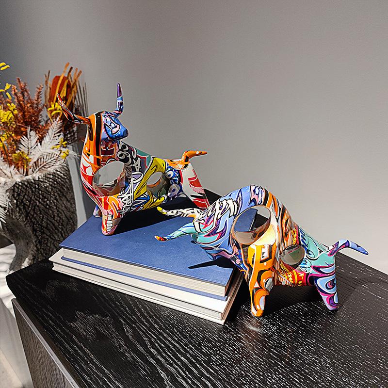 Colorful Cattle Animal Ox Statue Home Decor Living Room Bull Sculpture TV Cabinet Ornament Crafts Abstract Figurine