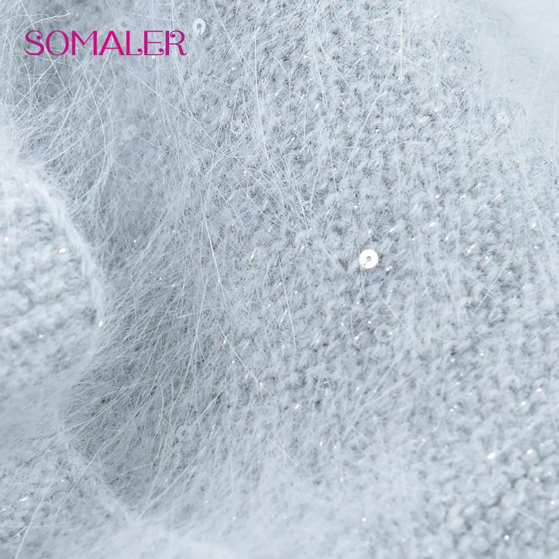 SOMALER Women's Autumn Winter Angora Knit Warm Hat with Brim and Sequin Decoration Cute Cat Design Beanie 54-58cm