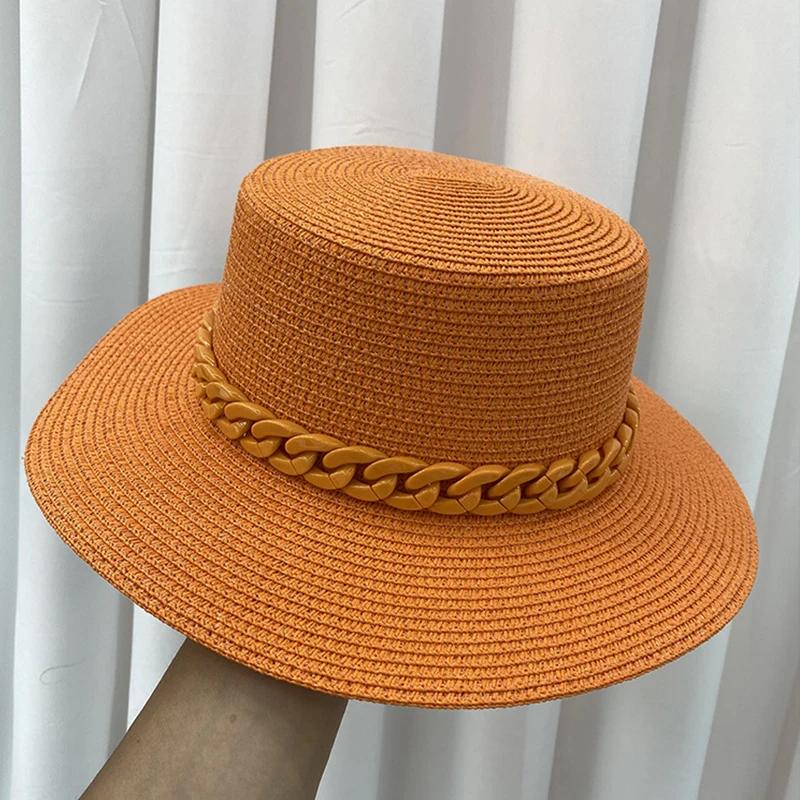 Nieuwe Kleur Ketting Platte Top Unisex Jazz Strooien Hoed Buiten Vrouwen Zeevakantie Zon Strand Hoeden Mode Zomer Panama Emmer Hoed