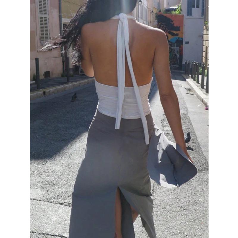 Women Sexy Twisted Knot Halter Backless Cropped Cami T Shirt Top