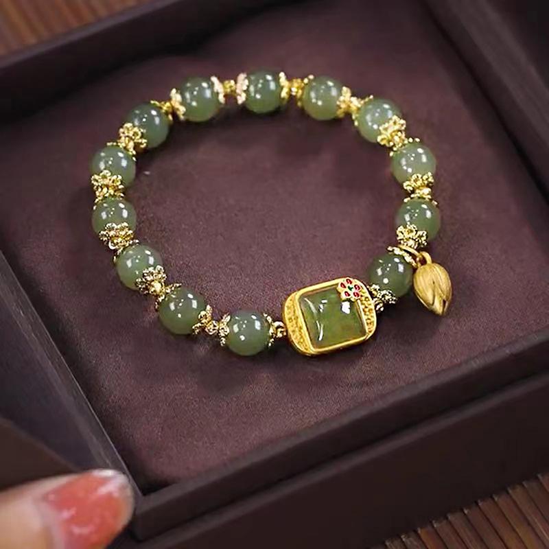 Pulseira com pingente de lótus de jade hetian estilo chinês imitação pulseira vintage com contas para mulheres joias de luxo leves presentes