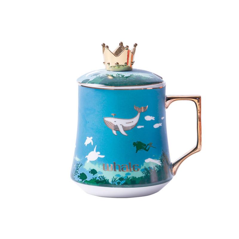 350ML Personalized Mermaid Couple Mug With Lid And Spoon Creative Ceramic Crown Cup Gift For Mens and Womens