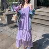 Women Sling Dress V-Neck Sleeveless Multi Layer Lace Splicing Design Maxi Dress Solid Color