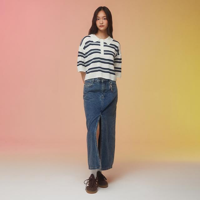 Rap Washed Front Slit Long Denim Skirt Aq3Ds864