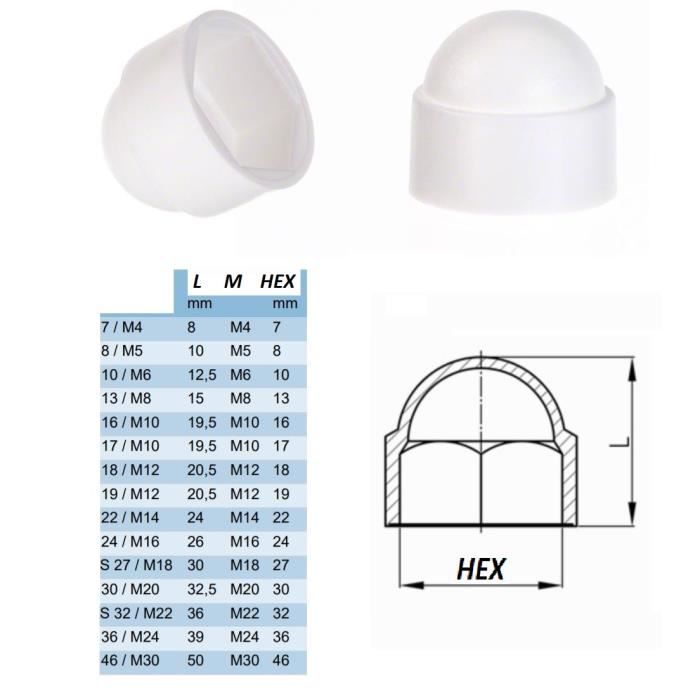 5x cache ecrou blanc diametre m5 clef hexagonale 8mm capuchon bouchon plastique vis auto 5mm