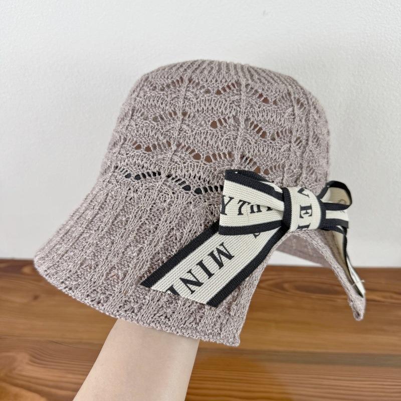 

Summer Korean Women s Knitted Beach Hat with Bow for Sun Protection and Fashionable Fishermen Hat one size
