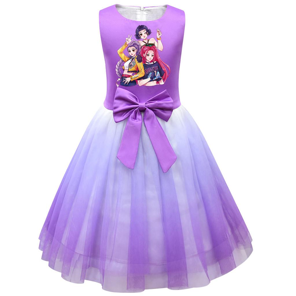 Kids Girls Princess K-POP Rumi Zoey Mira Print Bow Sleeveless Mesh Tutu Dress