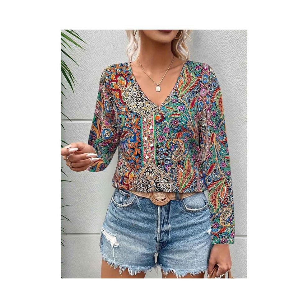 Women'S Bohemian Print V-Neck Long Sleeve Casual Blouses Shirts 2-Mixed Colors XL