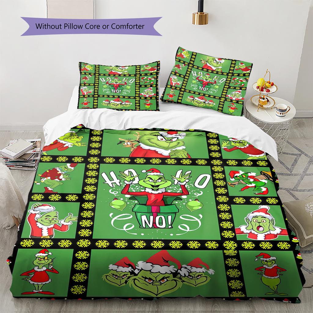 1 Stück Grinch-Muster Bettwäsche Steppdecke Set Bettbezug Kissenbezug Heimdekoration Geburtstagsgeschenk (1 Bettbezug + 2 Kissenbezüge, ohne Füllung)