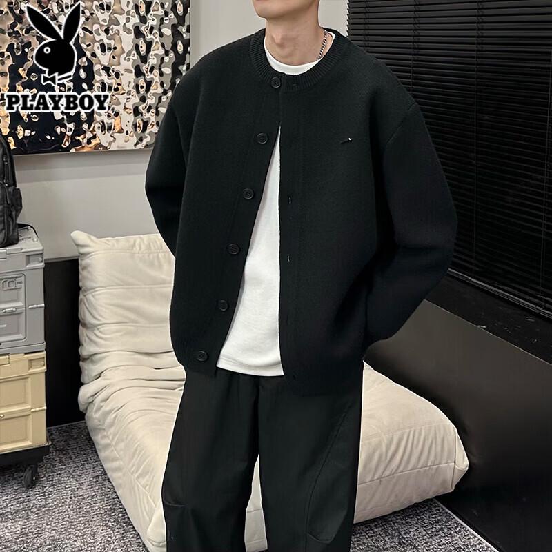 PLAYBOY Unisex Chunky Knit Baseball Collar Cardigan Sweater