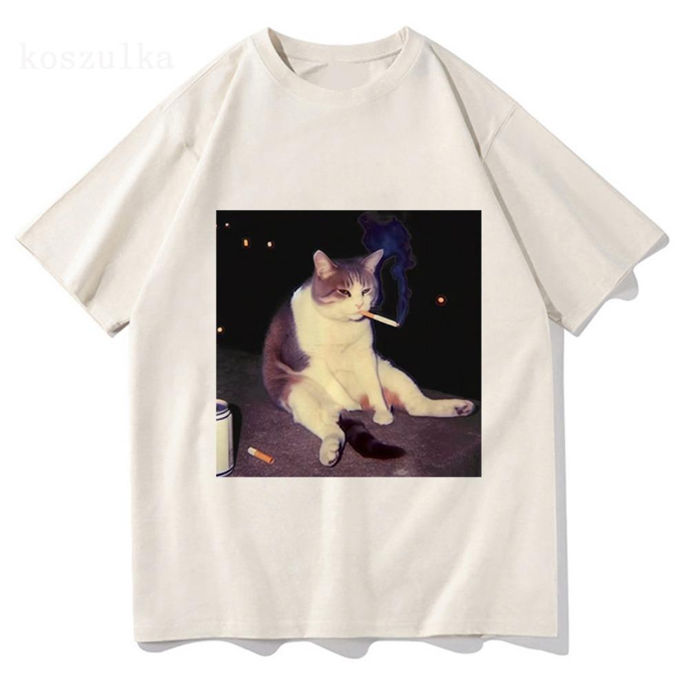 Vintage Cigarette Kitten Funny Smoking Cat Meme Stupid Brainrot Graphic T-Shirt Men Women Fashion T-shirts Cotton T Shirt